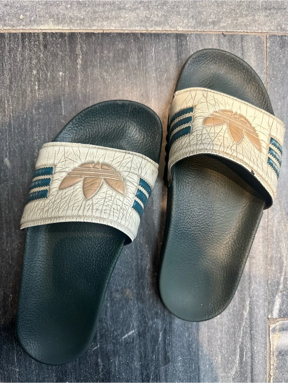 adidas Beige Strap Slide Sandals with Dark Green Footbed